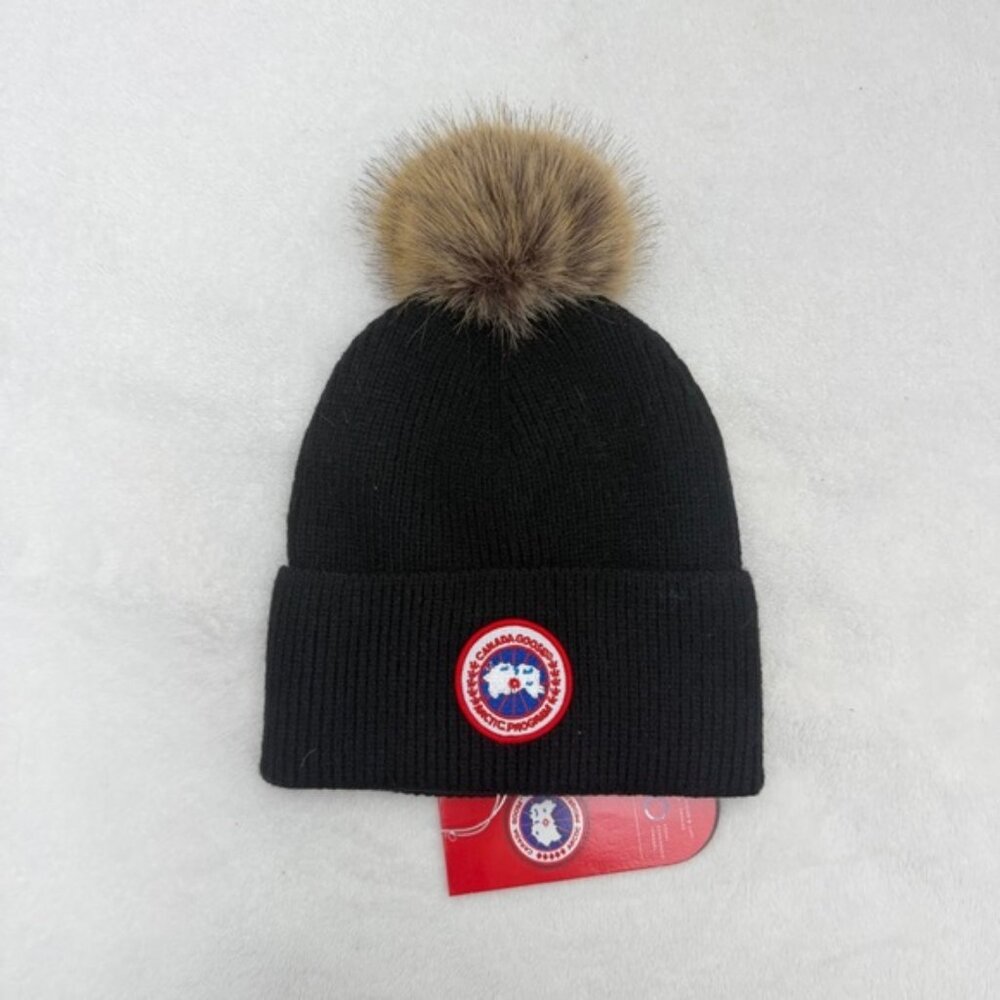 Canada Goose Black Knit Hat with Tan Pom-Pom